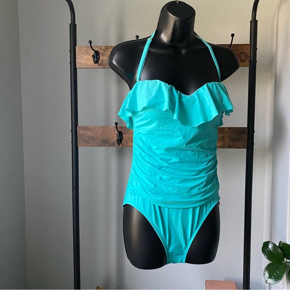 Bleu by Rod Beattie Shirred Ruffle Bandeau Mio One-Piece Swimsuit Wave Runner 8 - Picture 7 of 7